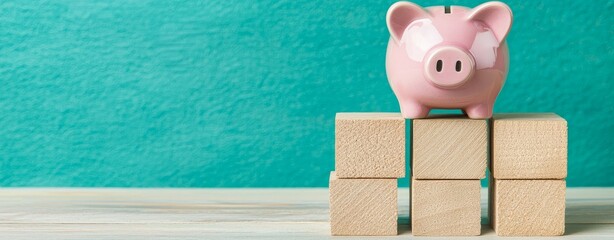 A pink piggy bank on wooden blocks set against a green backdrop embodies the idea of recession unemployment, highlighting the importance of savings and financial progress