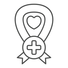 Obraz premium Ribbon with cross thin line icon, ambulance service concept. Vector graphics. Cancer silk tape with heart, plus sign on white background, outline style icon for mobile or web design.