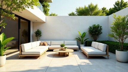 Fototapeta premium Serene Minimalist Patio Design Featuring Modern Sectional Sofa and Lush Greenery