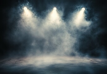Dramatic stage with spotlights piercing through mist.