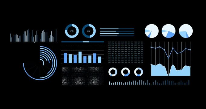 Animated business statistics infographic with blue data, graphs and diagrams on black background with copy space
