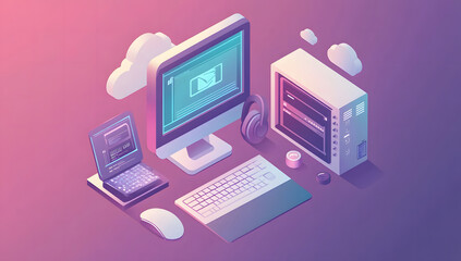 Isometric Illustration of Modern Computer Setup with Laptop, Headphones, and Cloud Computing
