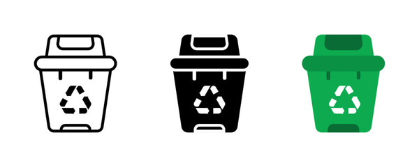 Trash bin icons, Garbage bin, Waste container, Rubbish bin, Trash can, Dustbin, Garbage container, Dumpster isolated on white background, Waste disposal symbols