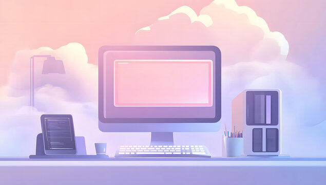 Serene Pastel Workspace Dreamy Computer Setup in Cloud-Filled Sky