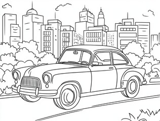 Classic Car Cityscape Black and White Line Art Illustration