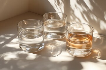 Vintage Tinted Gray Glassware on Beige Background with Soft Natural Light and Delicate Shadows