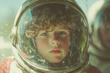 Dressed in a space suit and helmet, the young child is prepared for an exciting adventure