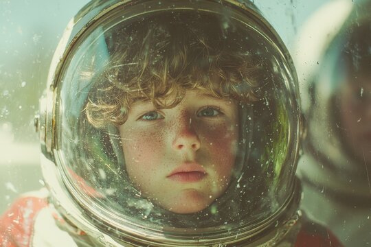 Dressed in a space suit and helmet, the young child is prepared for an exciting adventure