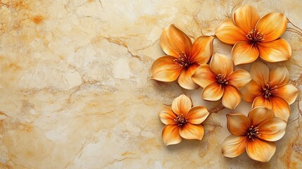 Pretty orange flowers on a fancy gold marble background.  A 3D wallpaper design.
