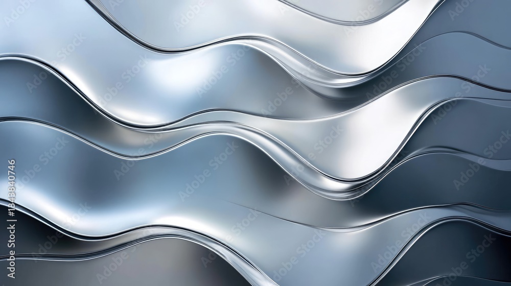 Poster abstract metallic waves creating a dynamic visual effect, reflecting light in a modern artistic desi