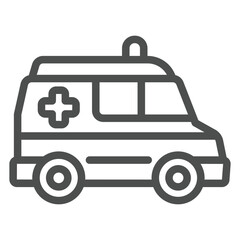 Ambulance car line icon, emergency service concept. Vector graphics. Paramedic rescue van with siren lamp, plus sign on white background, outline style icon for mobile or web design.
