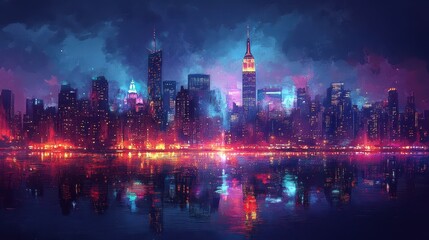 Night cityscape reflection, vibrant lights, urban skyline, calm water, artistic style, website banner