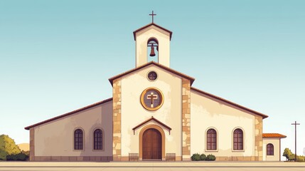 Fototapeta premium A serene church stands tall under a clear sky, surrounded by trees, symbolizing peace and community gathering