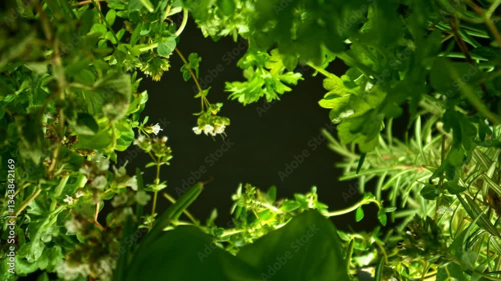 Poster mix of fresh herbs with camera motion up in the air. isolated on black background. filmed on high sp