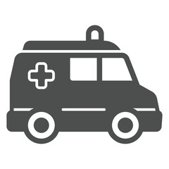 Ambulance car solid icon, emergency service concept. Vector graphics. Paramedic rescue van with siren lamp, plus sign on white background, glyph style icon for mobile or web design.