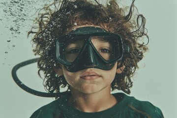 A youthful individual wearing a diving mask and snorkel, great for pictures about journeying or exploration