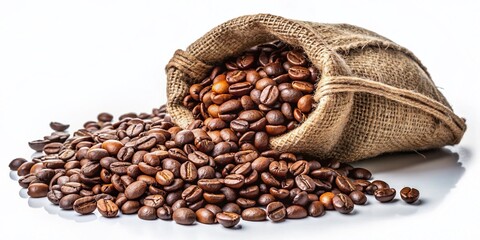 Fototapeta premium Coffee Beans in Burlap Sack, Isolated on White Background - High-Resolution Stock Photo