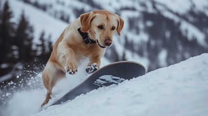 スノーボードをする犬