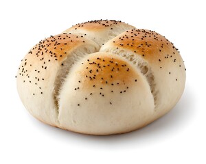 A single freshly baked roll with poppy seeds displayed clearly