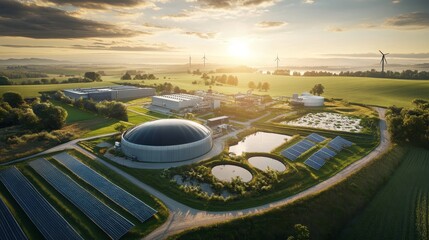 Obraz premium Sustainable energy production biogas plant aerial view rural setting gigapixel quality environmental impact