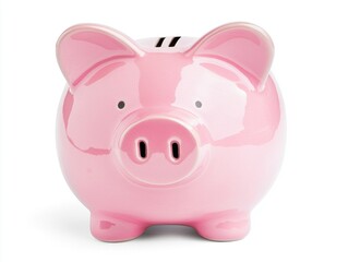 The piggy bank, glossy and pink, has a rounded body and prominent snout, and its shiny surface makes it appealing for saving coins