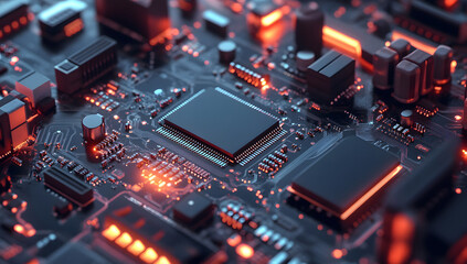 Obraz premium Glowing Circuit Board Close-up of Computer Motherboard Design