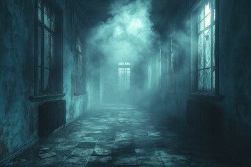 Haunted Hospital Corridor Eerie Room Illustration Creepy Empty Hallway Dark Atmosphere Volumetric Fog