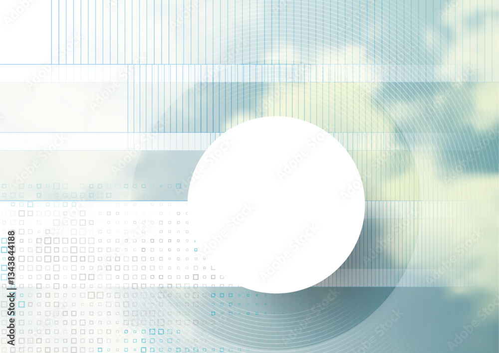 Poster Sky clouds tech background with geometric stripes, lines and circle. Vector minimal futuristic design
