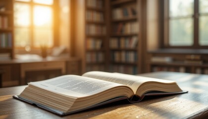 Open Book on Wooden Table in Sunlit Library with Bookshelves