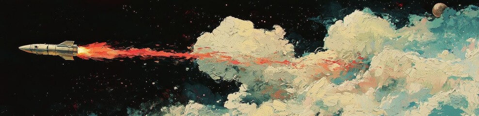 Obraz premium In the vastness of the universe and space, a spaceship rocket blasts off for the sake of space exploration