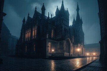 Obraz premium Gothic Castle Night Landscape with Fog and Ominous Windows