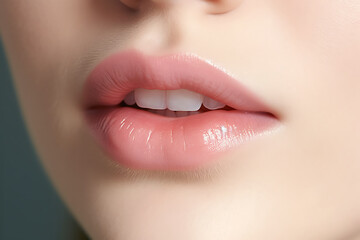 Fototapeta premium Close-up of female plump natural lips with a minimalistic aesthetic, showcasing realistic texture, soft natural lighting, and a subtle shine