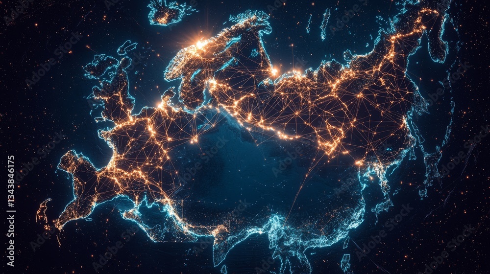 Wall mural glowing circuitry and a digital map with blue and orange illuminated lines are present on the circui