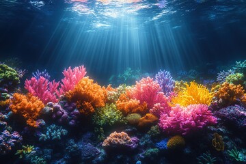 Naklejka premium Underwater Coral Reef Scene with Fish and Seaweed in Shallow Water