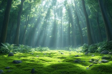 Obraz premium Misty Jungle Rainforest with Sun Rays and Fog in Tropical Nature Landscape