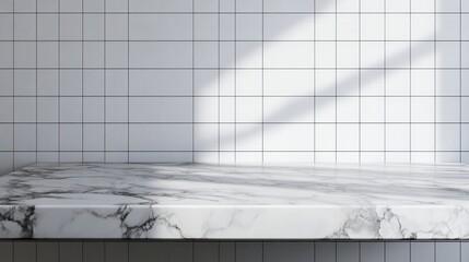 Marble countertop against white tile wall; sunlit. Perfect for showcasing products, food, or minimalist designs.