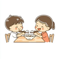 Happy Boy and Woman Enjoying a Meal Together at a Table with Chopsticks