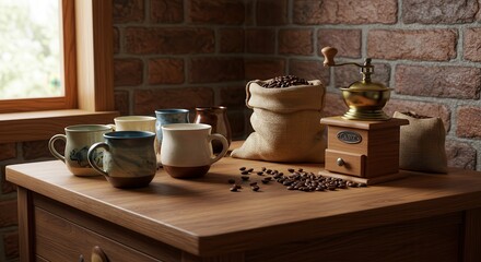 Obraz premium Coffee Beans with Grinder and Mugs on a Wooden Table