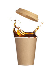 paper cup with with a lid. Coffee splash isolated on white background