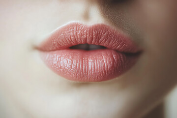 Fototapeta premium Close-up of female plump natural lips with a minimalistic aesthetic, showcasing realistic texture, soft natural lighting, and a subtle shine
