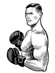 Boxing athlete. Hand drawn retro style black and white illustration