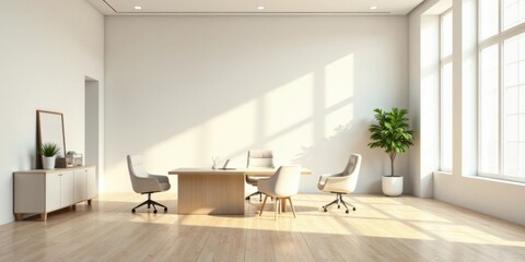 Bright Minimalist Office Space with Natural Sunlight Streaming Through Large Windows and Modern Wooden Furniture