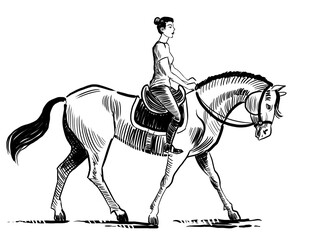 Woman riding a horse. Hand drawn retro style black and white illustration