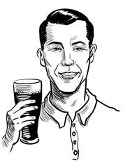 Man drinking beer. Hand drawn retro style black and white illustration