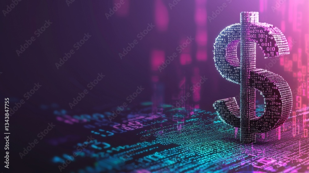 Poster the notion of digital money is symbolized by a dollar sign on a background of binary code