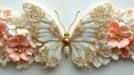 Elegant white butterfly surrounded by peach flowers