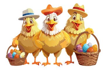 Obraz premium Group of adorable smiling chickens in funny hats surrounded by Easter baskets, vector illustration on white background.