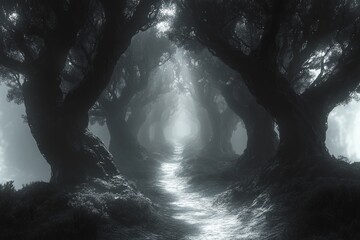 Eerie Dark Forest with Twisted Trees and Volumetric Fog