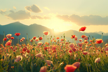 Fototapeta premium meadow with red poppies blue sky in the background
