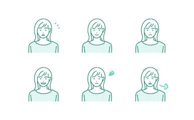 若い女性の表情豊かなシンプルなアバター素材イラストセット